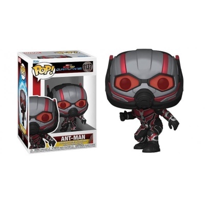 Funko Pop! Ant-Man cinzento com vermelho ao lado da caixa original da figura