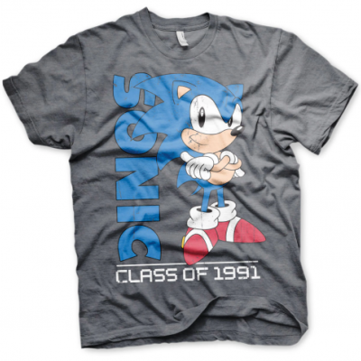 T-shirt cinzenta com estampa do personagem Sonic e texto CLASS OF 1991