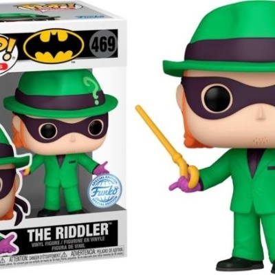Figura Pop! The Riddler da Batman em fato verde e chapéu com pontos de interrogação