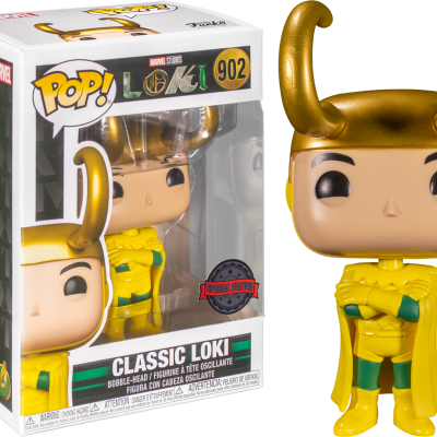 Figura Funko Pop! Classic Loki, amarelo e verde, capacete dourado com chifres, dentro da caixa original.