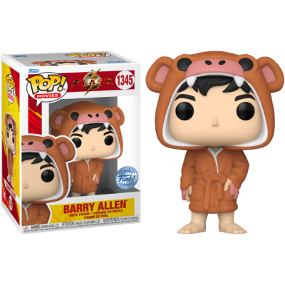 Boneco Funko Pop! do Barry Allen vestido com roupão de urso castanho