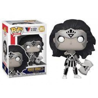 Figura Funko Pop Mulher Maravilha preto e branco com machado e embalagem