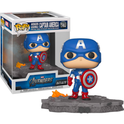 Figura Funko Pop Capitão América com escudo, base de pedra e chama, ao lado da caixa.