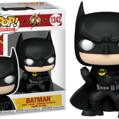 Figura Funko Pop! de Batman com traje preto e capa ao lado da caixa