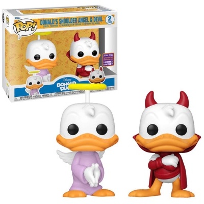 Funko Pop de Donald vestindo anjo lilás com auréola e diabo vermelho com chifres e capa