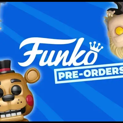 Bonecos Funko Pop coloridos numa disposição circular com texto Funko PRE-ORDERS