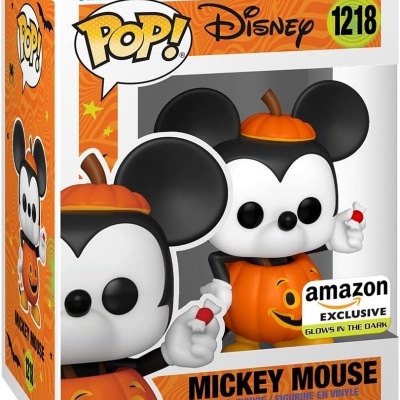 Funko Pop Mickey Mouse Halloween na embalagem com detalhes laranja e etiqueta Amazon Exclusive.