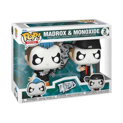 Dupla de figuras Funko Pop! vinil Madrox e Monoxide na caixa com design azul e branco
