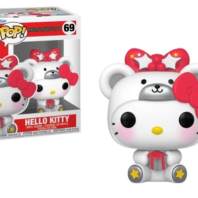 Figura Funko Pop vinil Hello Kitty com laço vermelho e botas cinzentas ao lado da caixa.