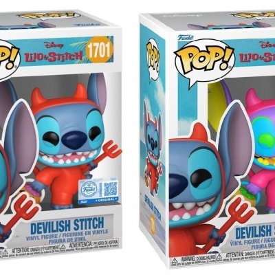Figuras Funko Pop! da personagem Devilish Stitch em embalagens com detalhes vermelhos e azuis.