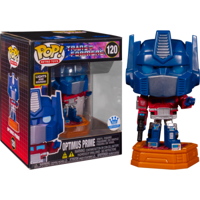 Figura colecionável Pop! Retro Toys do Optimus Prime dos Transformers em vinil com base laranja e caixa