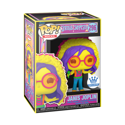 Figura Funko Pop! Rocks Janis Joplin com cabelo amarelo e roxo em caixa oficial