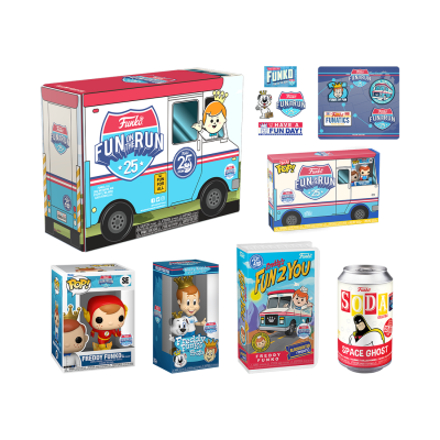 Produtos Funko Fun Run 25º aniversário com carrinha, figuras Freddy Funko e lata Space Ghost