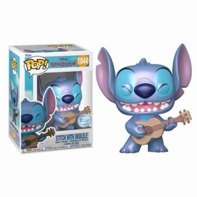 Figura Funko Pop Stitch azul com ukulele, dentro e fora da caixa