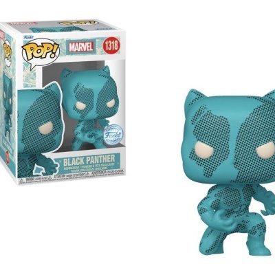 Boneco Funko Pop Pantera Negra azul e preto em embalagem Marvel