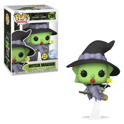 Figura Funko Pop! Witch Maggie com vestido roxo e chapéu de bruxa preto, em vinil, com base transparente e embalagem ao fundo