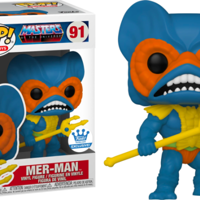 Figura de vinil Funko Pop! Mer-Man de Masters of the Universe, azul e laranja, com tridente amarelo, em caixa. 
