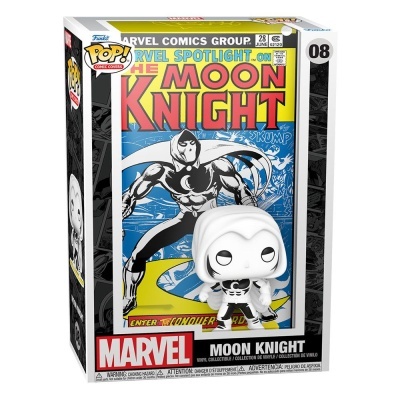 Figura Funko Pop Moon Knight da Marvel na caixa com ilustrações de banda desenhada