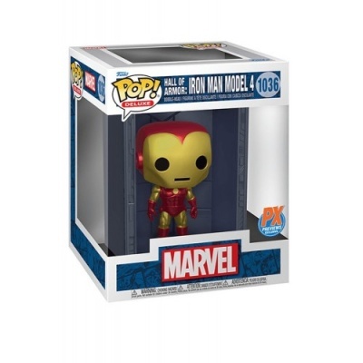 Figura Funko Pop Deluxe Homem de Ferro vermelha e dourada na caixa da Marvel