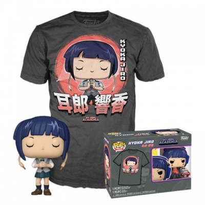 T-shirt cinzenta com personagem Kyoka Jiro estampada e figura Funko Pop da personagem ao lado da caixa