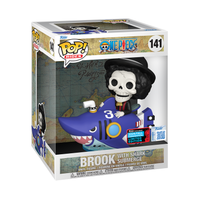Figura Funko Pop! Rides One Piece Brook com submarino de tubarão azul, embalagem com mapa, número 141