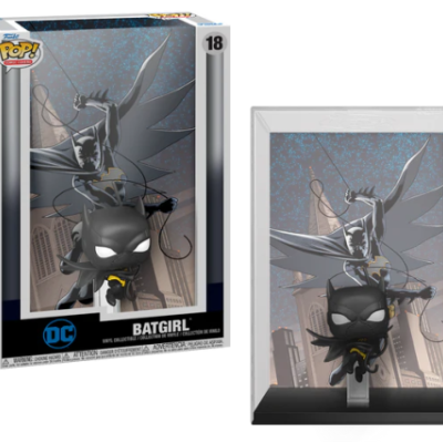 Funko Pop! Batgirl vinil na caixa e exposto em moldura com fundo urbano