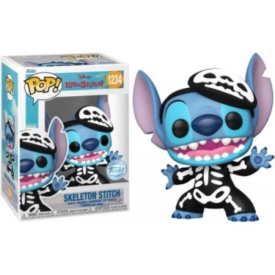 Boneco Funko Pop Stitch com fantasia de esqueleto e caixa ao lado