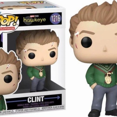Figura colecionável Funko Pop! da personagem Clint da série Hawkeye com roupa verde e calças cinzentas