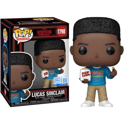Figura Funko Pop! de Lucas Sinclair da série Stranger Things com roupa azul e calças bege segurando saco de pipocas ao lado da caixa.