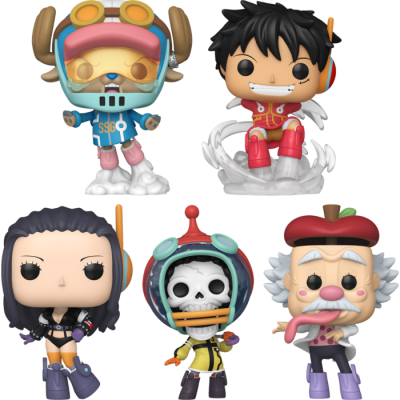 Cinco figuras Funko Pop coloridas de personagens estilizados com adereços