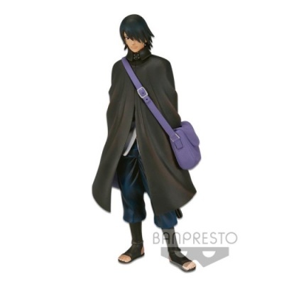 Figura colecionável de personagem masculino com capa preta e bolsa roxa
