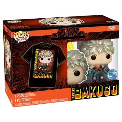 Caixa Funko Pop! My Hero Academia com figura Kartuku Bakugo e t-shirt preta com imagem do personagem