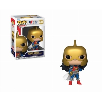 Figura Funko Pop! de Wonder Woman com capacete dourado e espada ao lado da caixa