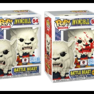 Duas figuras Funko Pop! Invincible Battle Beast em caixas de plástico com design colorido