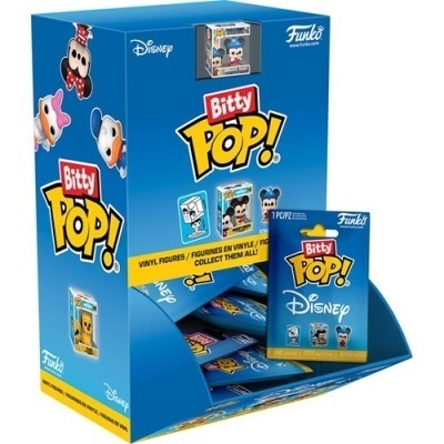 Expositor azul com figuras Bitty Pop! Disney da Funko em embalagens azuis