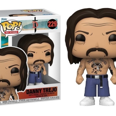 Figura Pop! Danny Trejo com tatuagens e calças azuis, e caixa com texto Pop! AD ICONS e número 229
