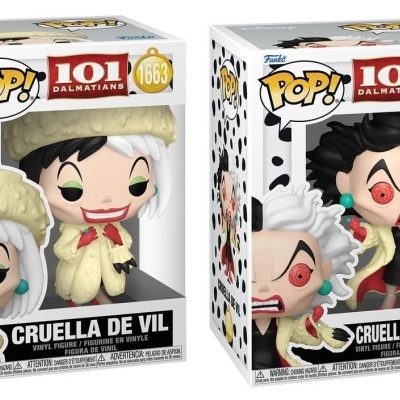 Duas figuras Funko Pop da Cruella de Vil em embalagens da coleção 101 Dalmatians.