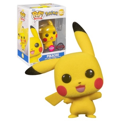 Funko Pop! Pikachu amarelo com orelhas e bochechas coloridas junto à caixa com marcações Pokémon.