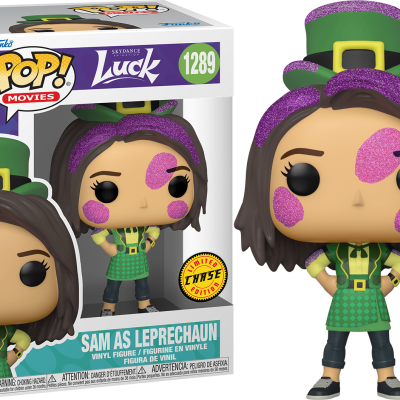 Figura Funko Pop! Sam as Leprechaun com vestido e chapéu verde e manchas roxas cintilantes
