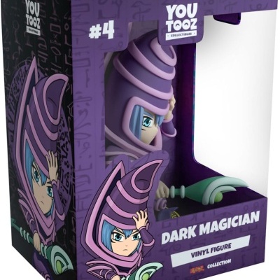 Caixa roxa com figura de vinil Dark Magician e texto YouTooz e Yu-Gi-Oh