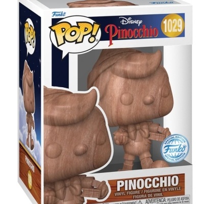 Figura Funko Pop! Pinocchio 1029 com textura de madeira em embalagem branca
