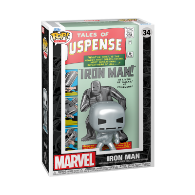 Figura Funko Pop! Iron Man em caixa com design clássico de banda desenhada