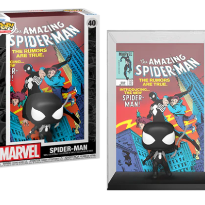 Figura Funko Pop! e moldura temática do Spider-Man da Marvel com arte colorida de banda desenhada.