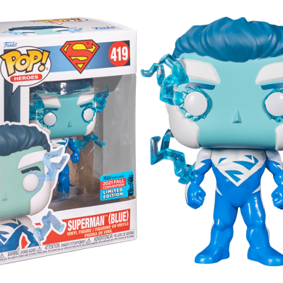 Figura POP! Superman (Blue) com detalhes azuis e brancos em caixa original