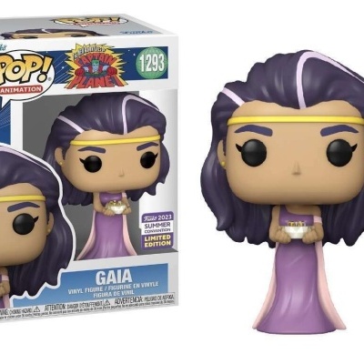 Figura Funko Pop! Gaia de cabelo roxo e vestido lilás com caixa ao lado