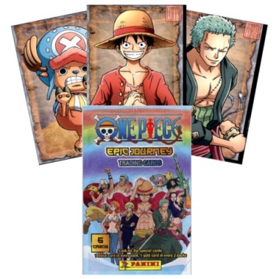 Cartas colecionáveis e pacote do One Piece com personagens e texto promocional