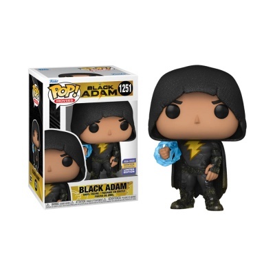 Figura Funko Pop! de Black Adam com traje preto e símbolo amarelo em fundo branco