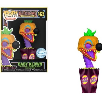 Figura Funko Pop Baby Klown laranja e roxo num recipiente roxo com texto POP CORN