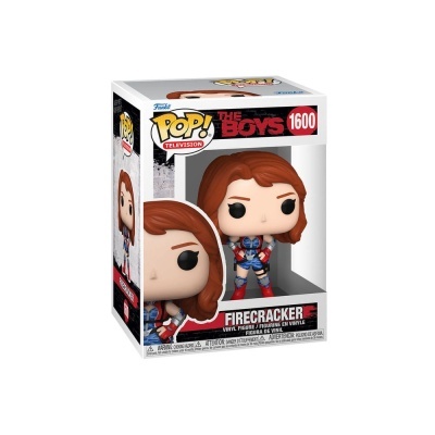 Figura Funko Pop! Firecracker de The Boys numa caixa transparente com texto e design colorido.