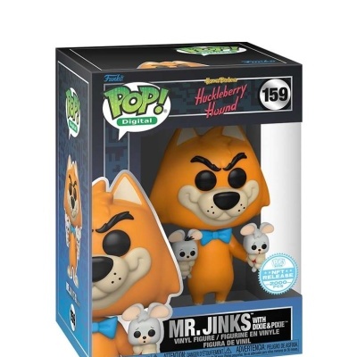 Figura Funko Pop Digital Mr. Jinks laranja com dois ratinhos em caixa preta